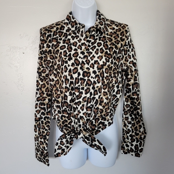 Free People Medium Leopard Love Long Sleeve Shirt Button Up Knot Collared Denim - Picture 1 of 9